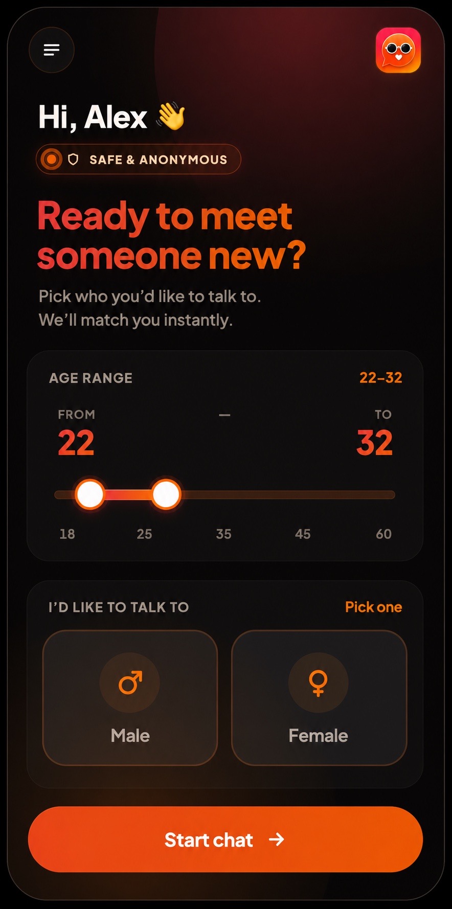 Blind Text app home screen — pick partner age range and gender